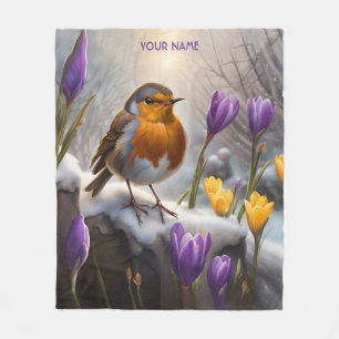 Fantasy Cute Robin Snow Flowers Fleece Blanket