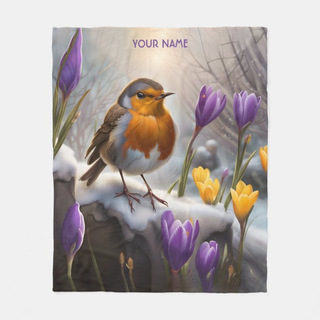 Fantasy Cute Robin Snow Flowers Fleece Blanket (Front)