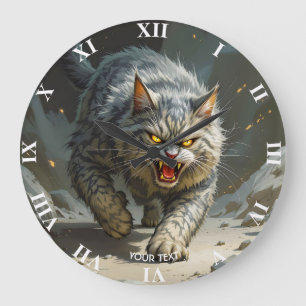 Fantasy Cute Rocks Angry Cat Large Clock