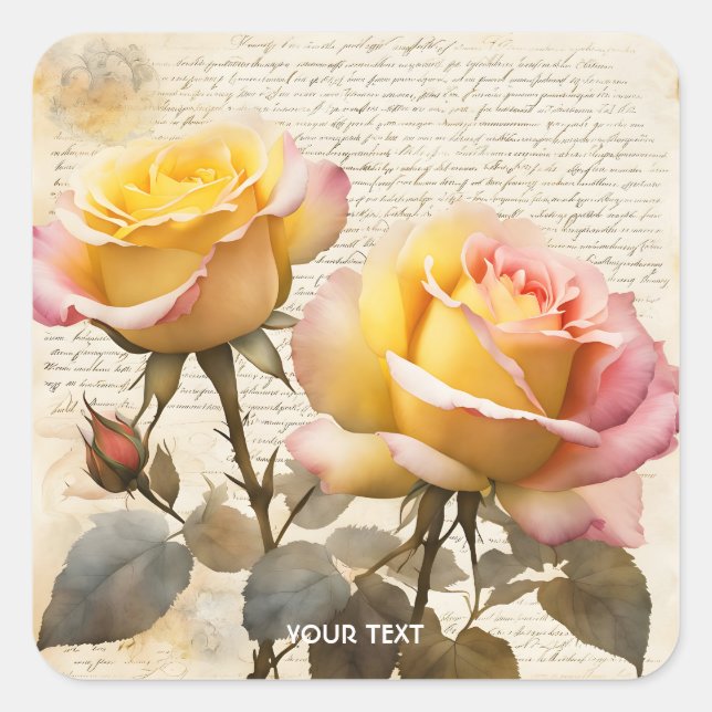 Fantasy Cute Roses Letter Writings Square Sticker (Front)