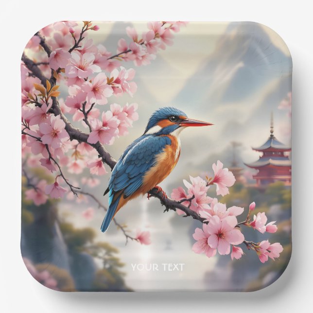 Fantasy Cute Sakura Bird Blue Paper Plate (Front)