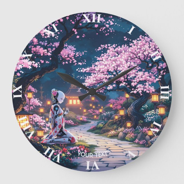Fantasy Cute Sakura Cyborg Girl  Large Clock (Front)