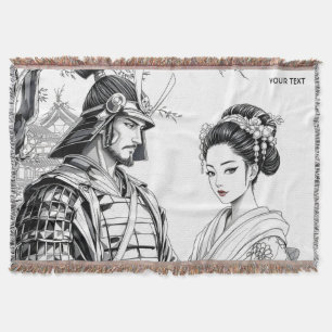Fantasy Cute Samurai Geisha Pencil Throw Blanket