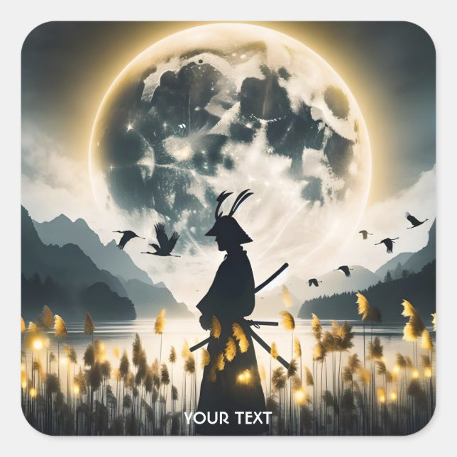 Fantasy Cute Samurai Reeds Moon Square Sticker (Front)