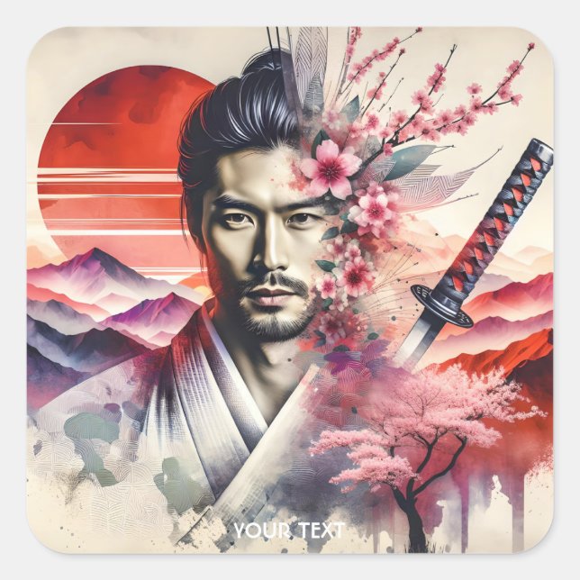 Fantasy Cute Samurai Sun Katana Square Sticker (Front)