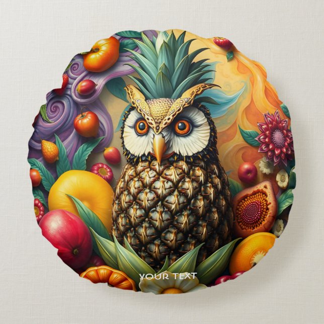Fantasy Cute Serene Pineapple Owl Round Pillow (Front)