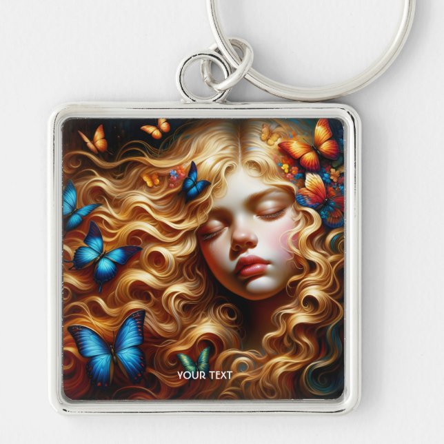 Fantasy Cute Sleeping Girl Butterflies Keychain (Front)