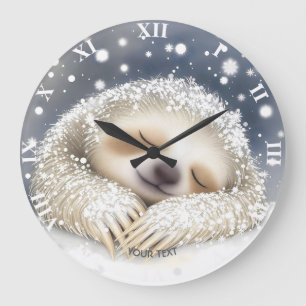 Fantasy Cute Sleeping Sloth Snow Large Clock