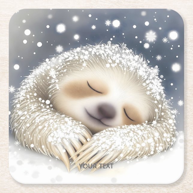 Fantasy Cute Sleeping Sloth Snow Square Paper Coaster (Front)
