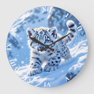 Fantasy Cute Snow Baby Leopard Large Clock