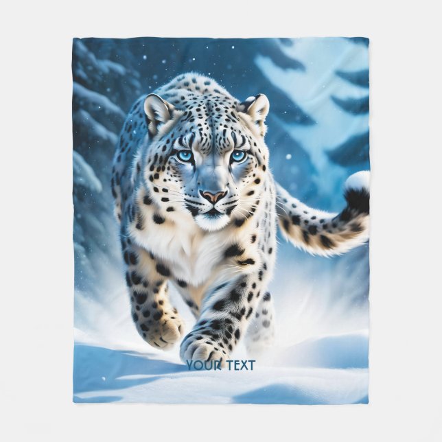 Fantasy Cute Snow Leopard Running Fleece Blanket (Front)