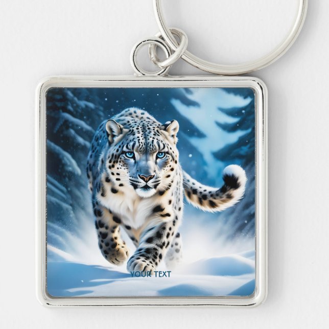 Fantasy Cute Snow Leopard Running Keychain (Front)