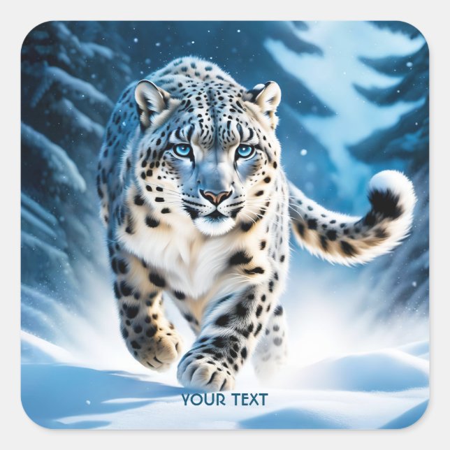 Fantasy Cute Snow Leopard Running Square Sticker (Front)