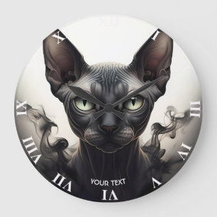 Fantasy Cute Sphynx Black Cat Large Clock