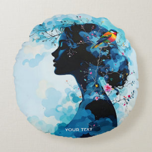 Fantasy Cute Spring Girl Bird Round Pillow