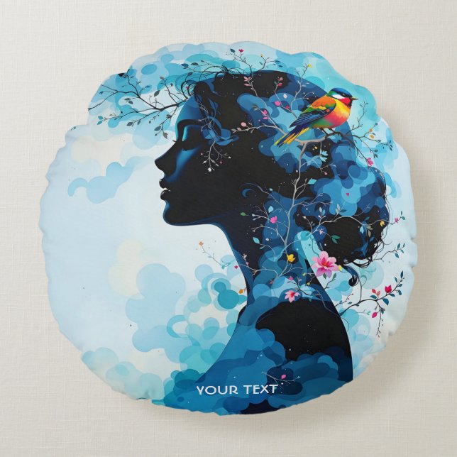 Fantasy Cute Spring Girl Bird Round Pillow (Front)