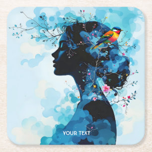 Fantasy Cute Spring Girl Bird Square Paper Coaster