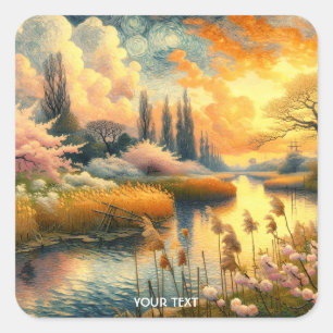 Fantasy Cute Spring Trees Landscape Square Sticker