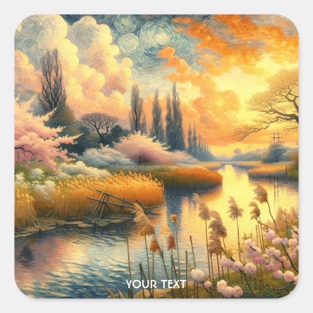 Fantasy Cute Spring Trees Landscape Square Sticker (Front)