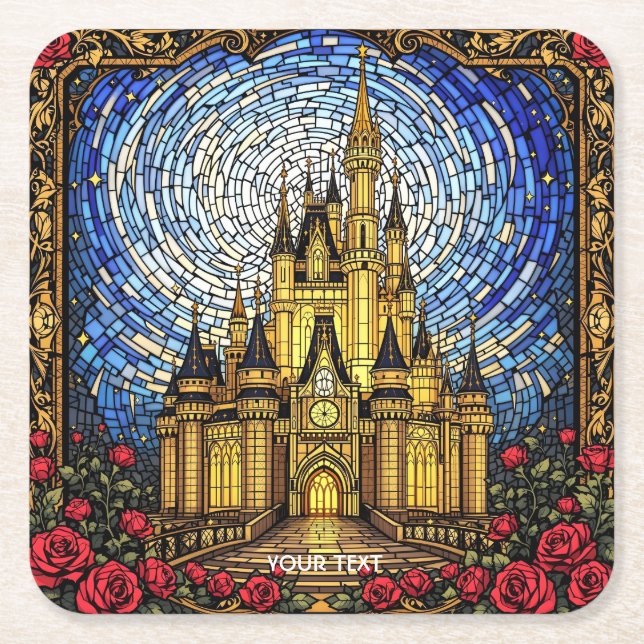 Fantasy Cute Stained Glass Castle Square Paper Coaster (Front)