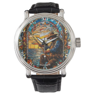 Fantasy Cute Stained Glass Fisherman Fishing Watch