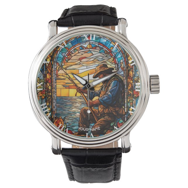 Fantasy Cute Stained Glass Fisherman Fishing Watch (Front)