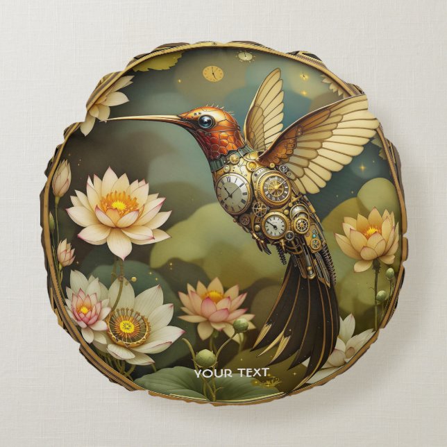 Fantasy Cute Steampunk Bird Clock Round Pillow (Front)