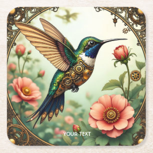 Fantasy Cute Steampunk Bird Flowers Square Paper Coaster