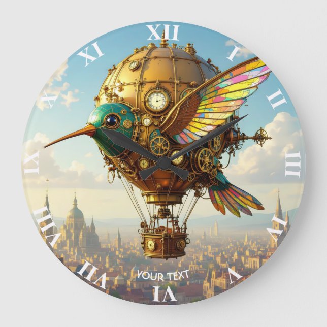 Fantasy Cute  Steampunk Bird Sky Large Clock (Front)