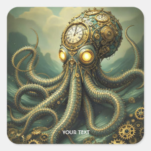 Fantasy Cute Steampunk Clock Kraken Square Sticker