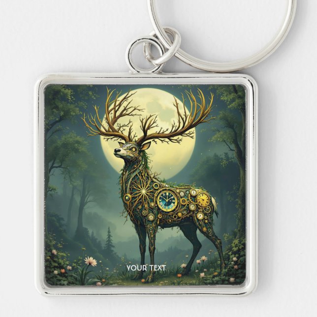 Fantasy Cute Steampunk Deer Forest Keychain (Front)
