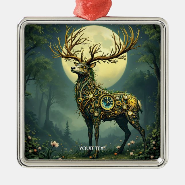Fantasy Cute Steampunk Deer Forest Metal Ornament (Front)