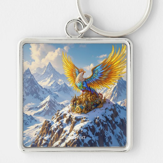 Fantasy Cute Steampunk Mountains Phoenix Keychain (Front)