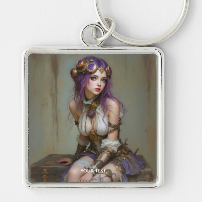 Fantasy Cute Steampunk Purple Girl Keychain (Front)