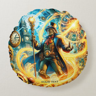 Fantasy Cute Steampunk Time Wizard Round Pillow