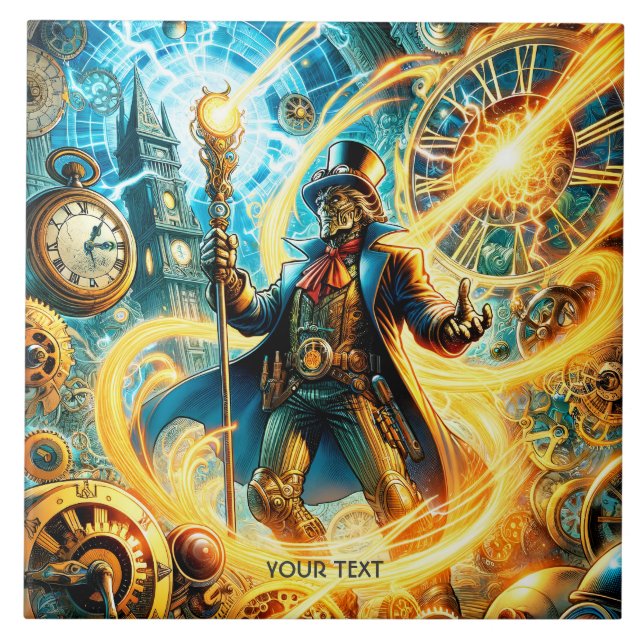 Fantasy Cute Steampunk Time Wizard Tile (Front)
