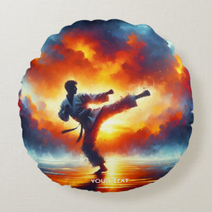 Fantasy Cute Sunset Karate Fighter Round Pillow