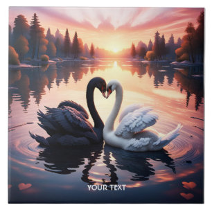 Fantasy Cute Swan Lake Sunset Tile