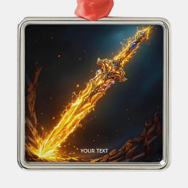 Fantasy Cute Sword Flames Cave Metal Ornament (Front)