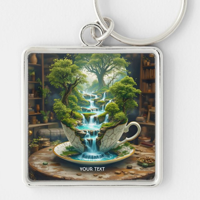Fantasy Cute Teacup Flowing Landscape Keychain (Front)