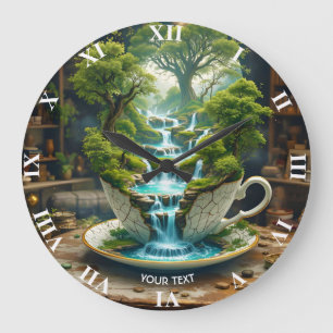Fantasy Cute Teacup Flowing Landscape Large Clock