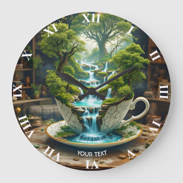 Fantasy Cute Teacup Flowing Landscape Large Clock (Front)