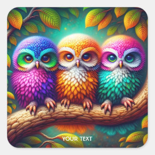 Fantasy Cute Three Vibrant Owls Square Sticker