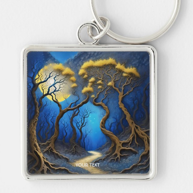 Fantasy Cute Trees Night Moon Keychain (Front)