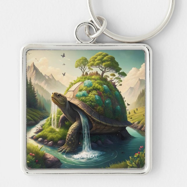 Fantasy Cute  Turtle Waterfall Forest Keychain (Front)