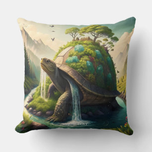 Fantasy Cute  Turtle Waterfall Forest Throw Pillow