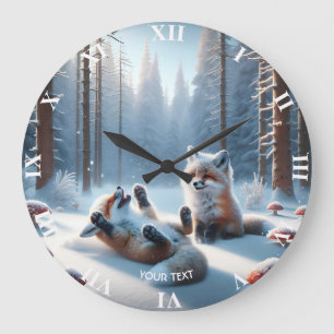 Fantasy Cute Two Baby Foxes Large Clock