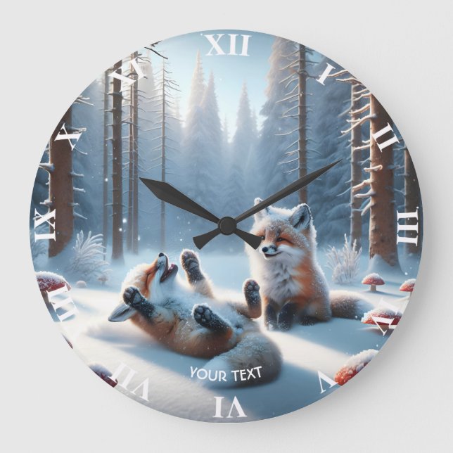 Fantasy Cute Two Baby Foxes Large Clock (Front)