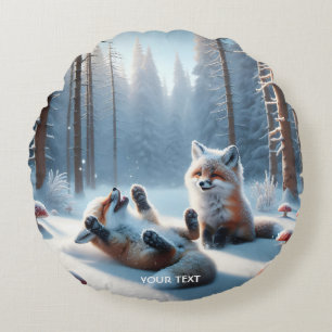 Fantasy Cute Two Baby Foxes Round Pillow