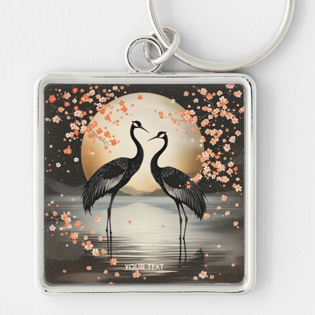 Fantasy Cute Two Black Cranes Keychain (Front)
